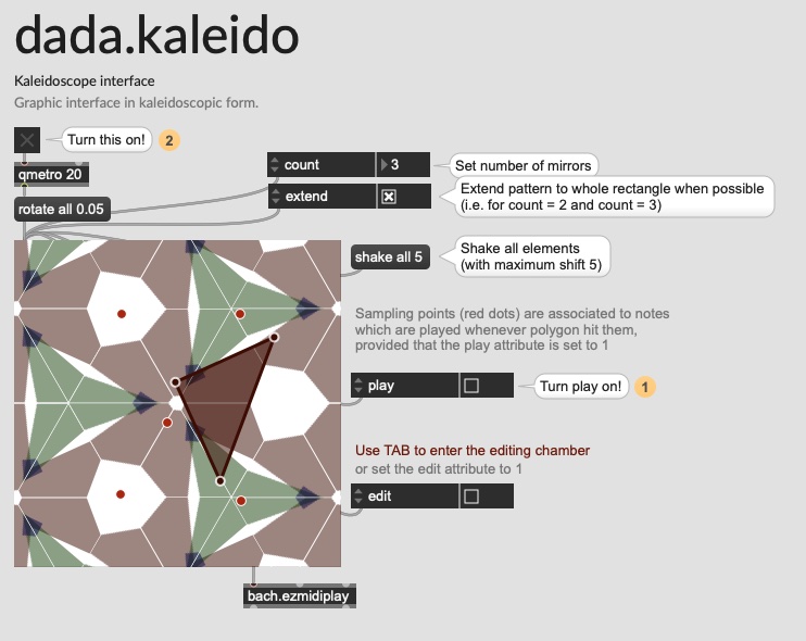 A screenshot demonstrating the dada.kaleido object and its geometric interface.