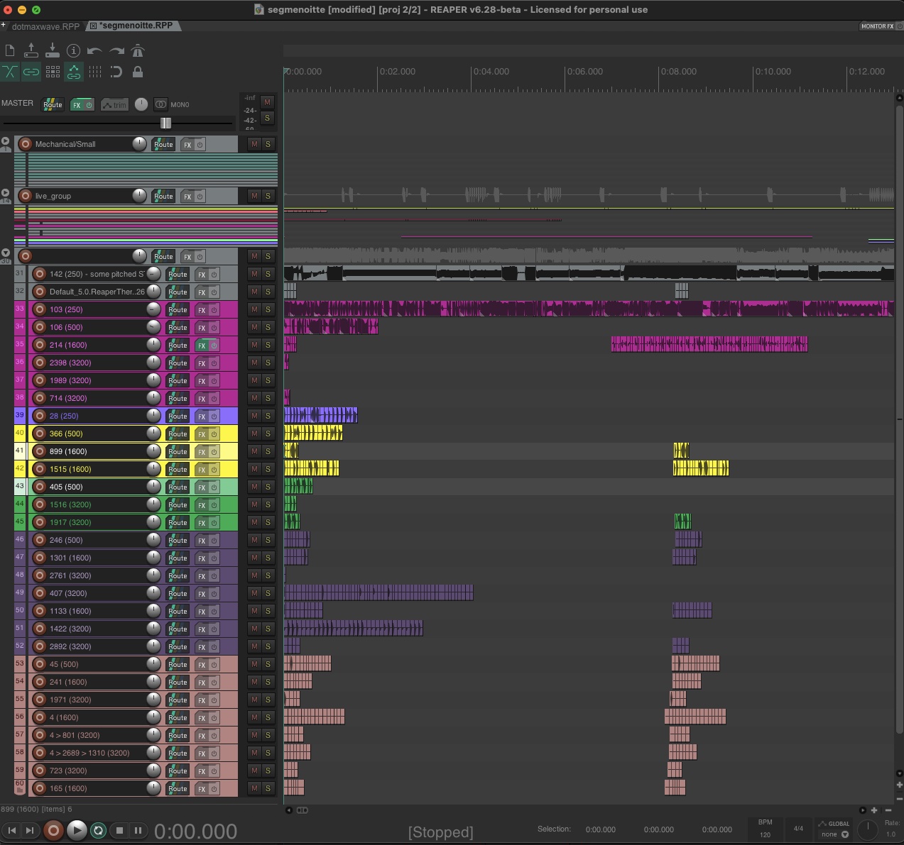 REAPER session for segmnoittet. Tracks displayed on the left side of the screen contain various tracks of clusters and their respective "sub-clusters".